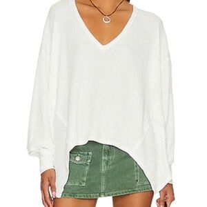 Free People Women Small Ivory Caroline Thermal Top Asym Hem Waffle Knit Pullover